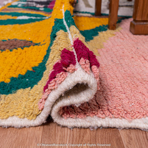 Multicolored Abstract Berber Rug with Yellow, Pink, and Green Accents