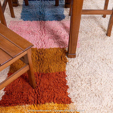 Modern Moroccan Stacked Color Wool Rug in Warm and Cool Tones