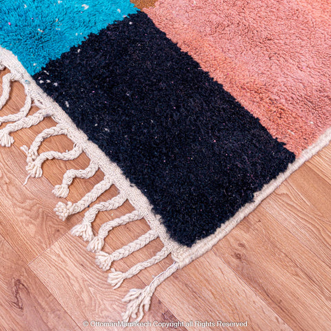 Modern Pink Moroccan Rug with Brown and Blue Accents