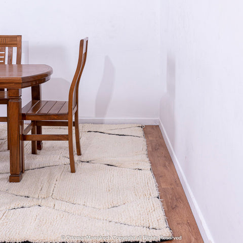 Moroccan Rug with Twisted Black Lines on White Wool