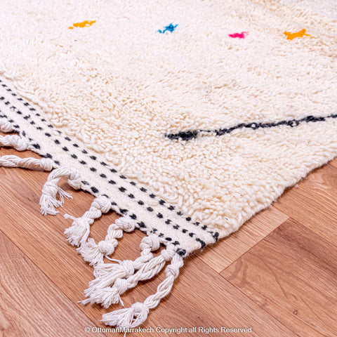 White Plush Berber Rug with Black Diamonds and Vibrant Berber Symbols