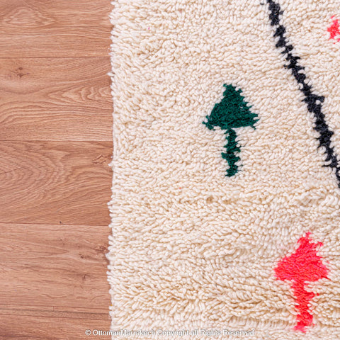 White Plush Berber Rug with Black Diamonds and Vibrant Berber Symbols