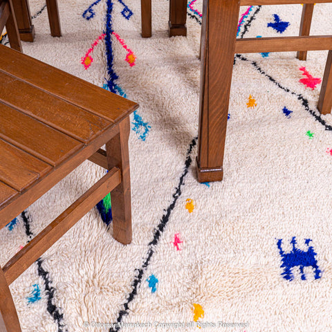 White Plush Berber Rug with Black Diamonds and Vibrant Berber Symbols