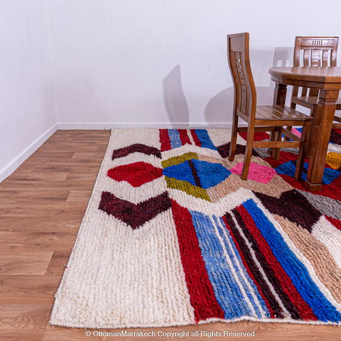 Antique-Inspired Geometric Multi-Color Moroccan Wool Rug - Red, Blue, and Pink Accents