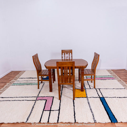 Mondrian-Inspired White Moroccan Rug with Colorful Linework