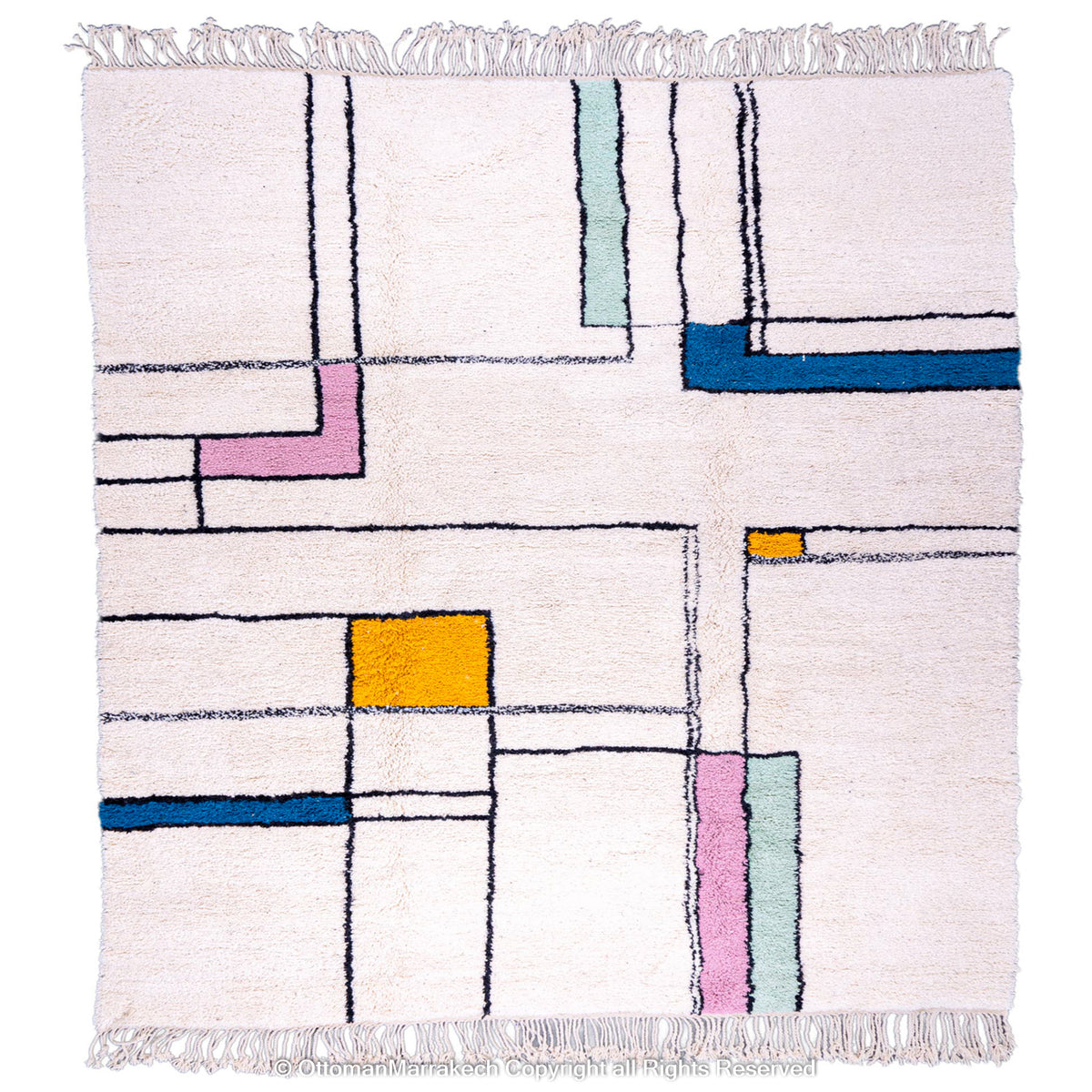 Mondrian-Inspired White Moroccan Rug with Colorful Linework