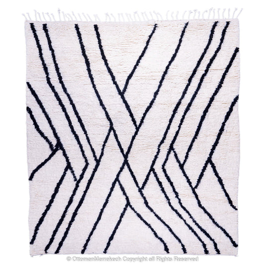 Contemporary Black and White Moroccan Rug with Overlapping Linear Design