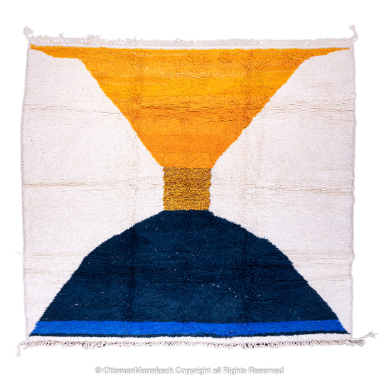 Modern Moroccan White Wool Rug with Bold Orange and Blue Geometric Design