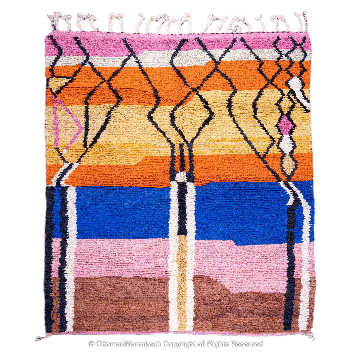 Vibrant Moroccan Geometric Rug with Bold Black Lines and Orange-Pink Stripes