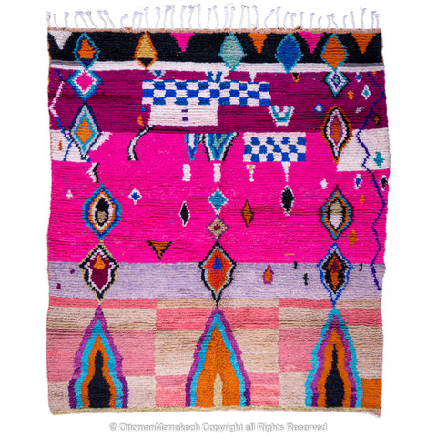 Vibrant Pink Moroccan Berber Rug with Multicolor Geometric Patterns