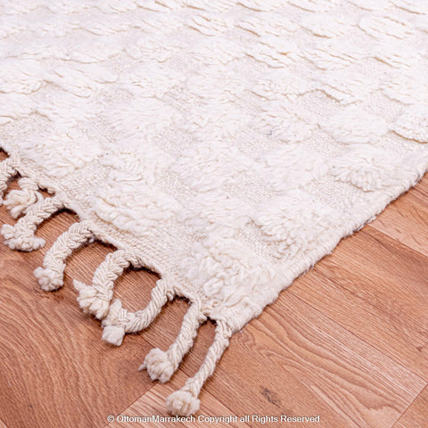 White Plush Moroccan Rug with Shaved Checkered Design