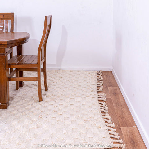 White Plush Moroccan Rug with Shaved Checkered Design