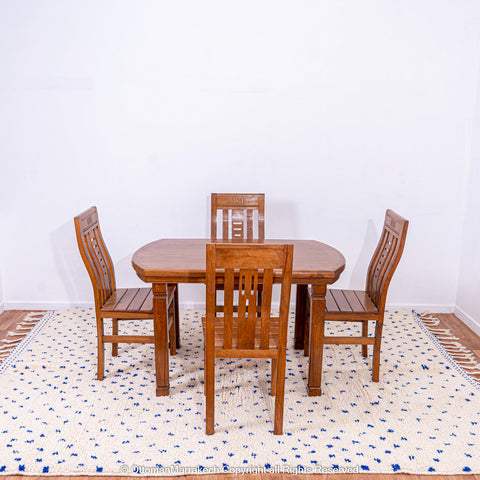 White Natural Wool Rug with Blue Dots and Embroidered Margins