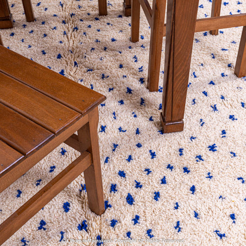 White Natural Wool Rug with Blue Dots and Embroidered Margins