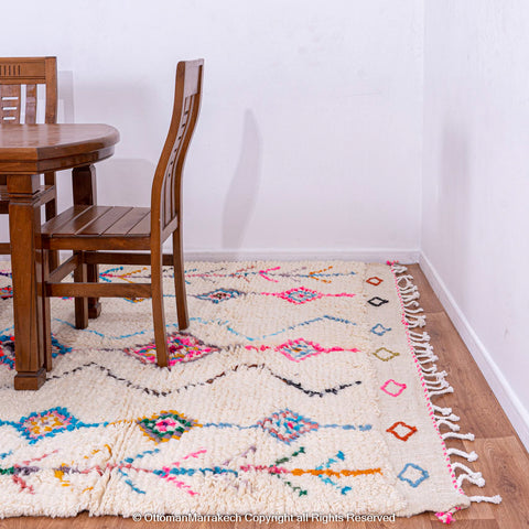 White Moroccan Berber Rug with Vibrant Diamond Motifs