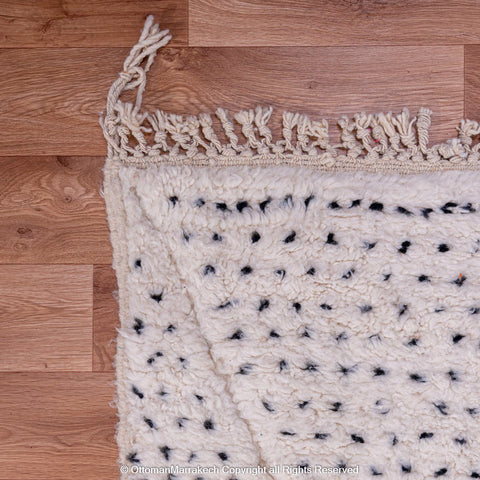 White Plush Wool Rug with Shaved Diamond Patterns and Black Dot