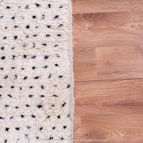 White Plush Wool Rug with Shaved Diamond Patterns and Black Dot