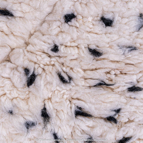 White Plush Wool Rug with Shaved Diamond Patterns and Black Dot