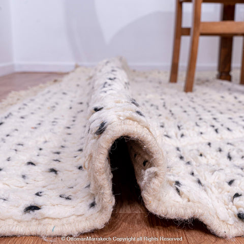 White Plush Wool Rug with Shaved Diamond Patterns and Black Dot