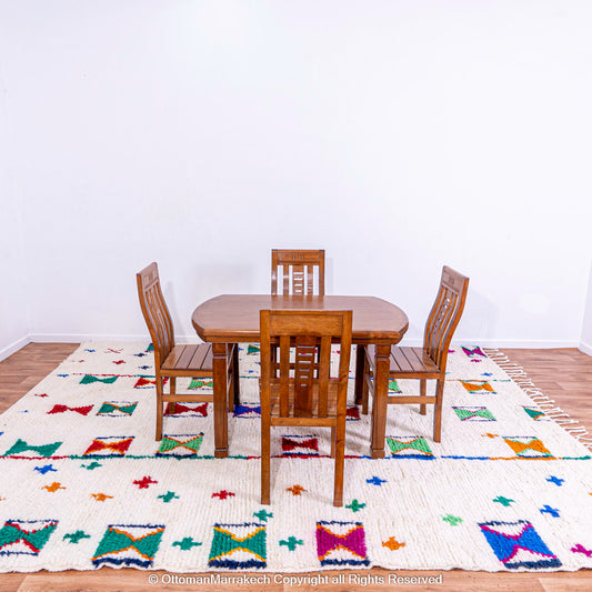 Traditional White Moroccan Rug with Colorful Geometric Symbols