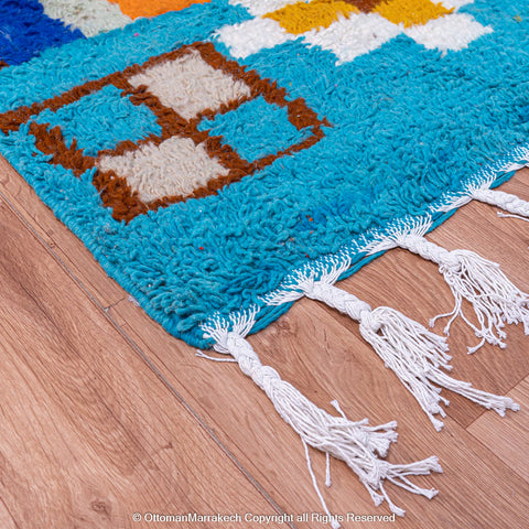 Bright Geometric Moroccan Sky Blue Rug – Vibrant Teal & Multicolor Pattern