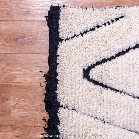 White Moroccan Rug with Shaved Black Diamonds Eco-Friendly Design