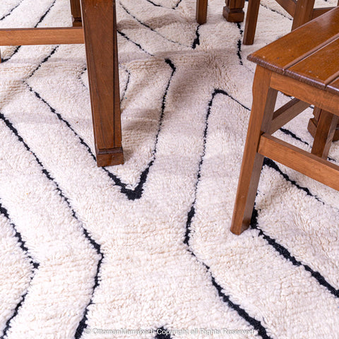 White Moroccan Rug with Shaved Black Diamonds Eco-Friendly Design