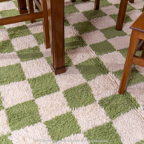 Green and White Checkered Moroccan Rug – Plush and Handmade