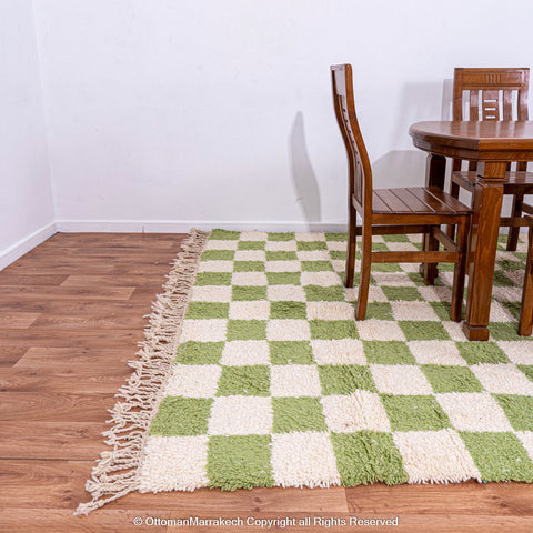 Green and White Checkered Moroccan Rug – Plush and Handmade