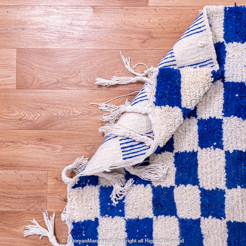 Blue and White Checkered Moroccan Rug - Cozy and Plush