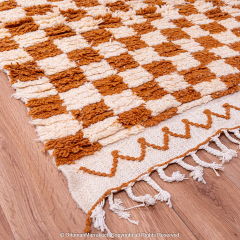 Brown and White Checkerboard Moroccan Rug - Handwoven Plush Design