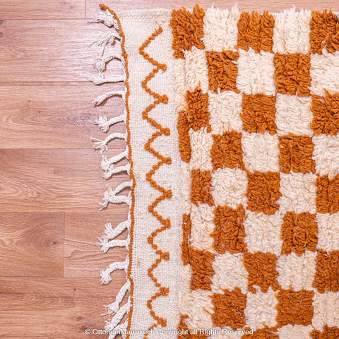 Brown and White Checkerboard Moroccan Rug - Handwoven Plush Design