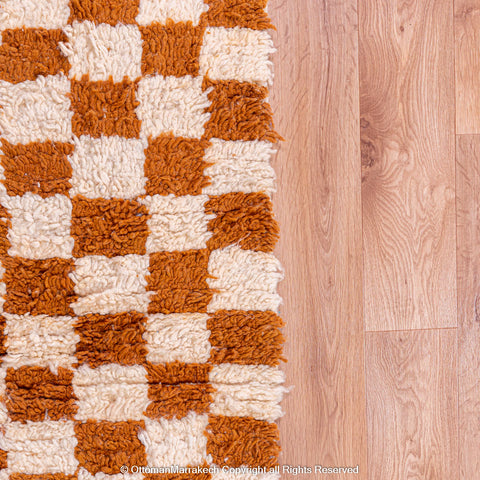 Brown and White Checkerboard Moroccan Rug - Handwoven Plush Design