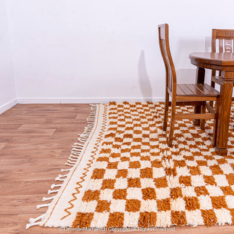 Brown and White Checkerboard Moroccan Rug - Handwoven Plush Design