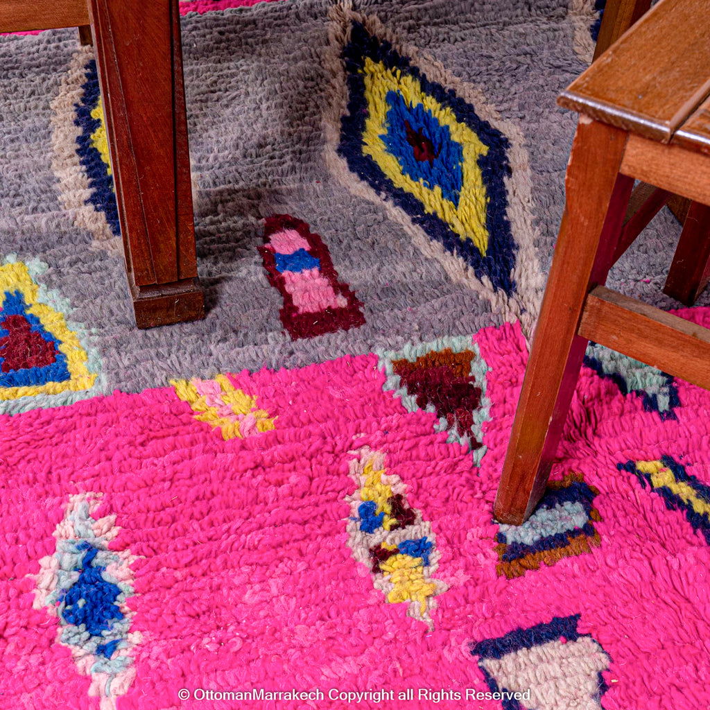 Pink Berber Moroccan Wool Rug with Bold Diamond and Chevron Patterns