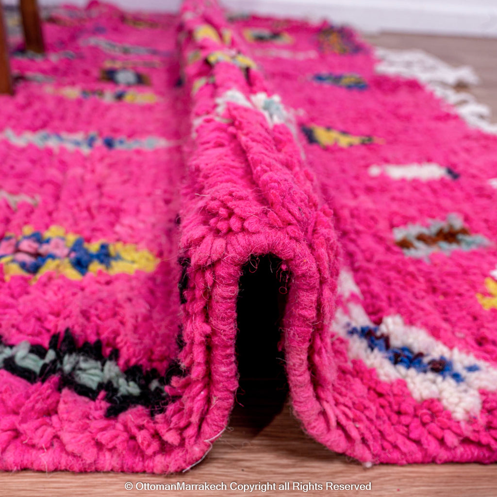 Pink Berber Moroccan Wool Rug with Bold Diamond and Chevron Patterns