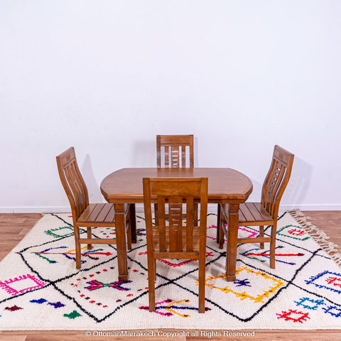 White Beni Ourain Rug with Black Diamond Lines and Colorful Berber Symbols