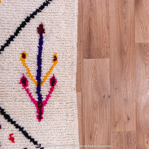 White Beni Ourain Rug with Black Diamond Lines and Colorful Berber Symbols