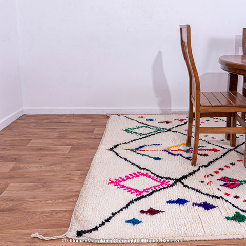 White Beni Ourain Rug with Black Diamond Lines and Colorful Berber Symbols