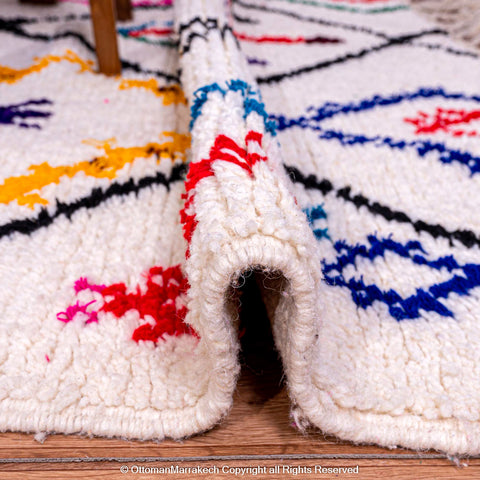 White Beni Ourain Rug with Black Diamond Lines and Colorful Berber Symbols