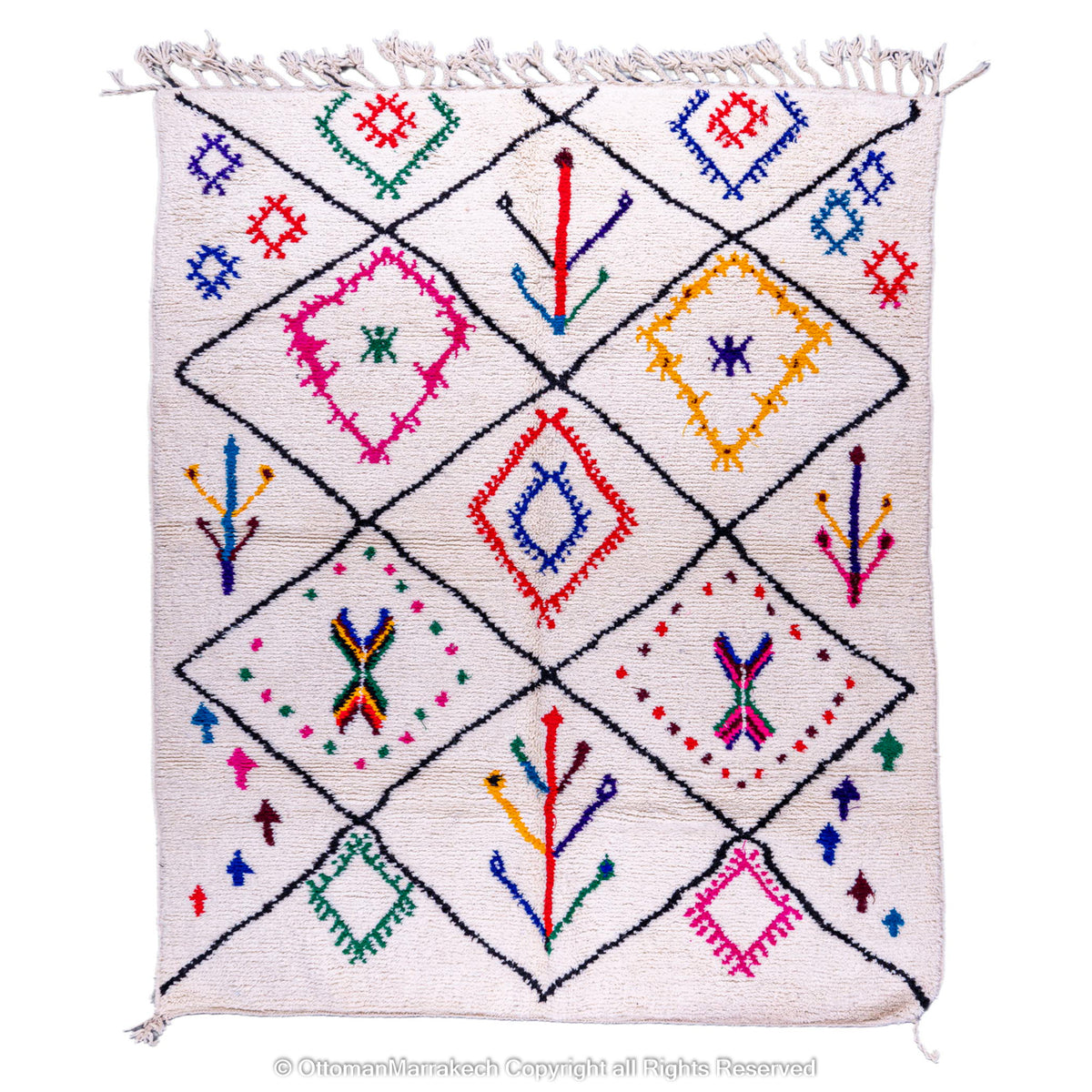 White Beni Ourain Rug with Black Diamond Lines and Colorful Berber Symbols