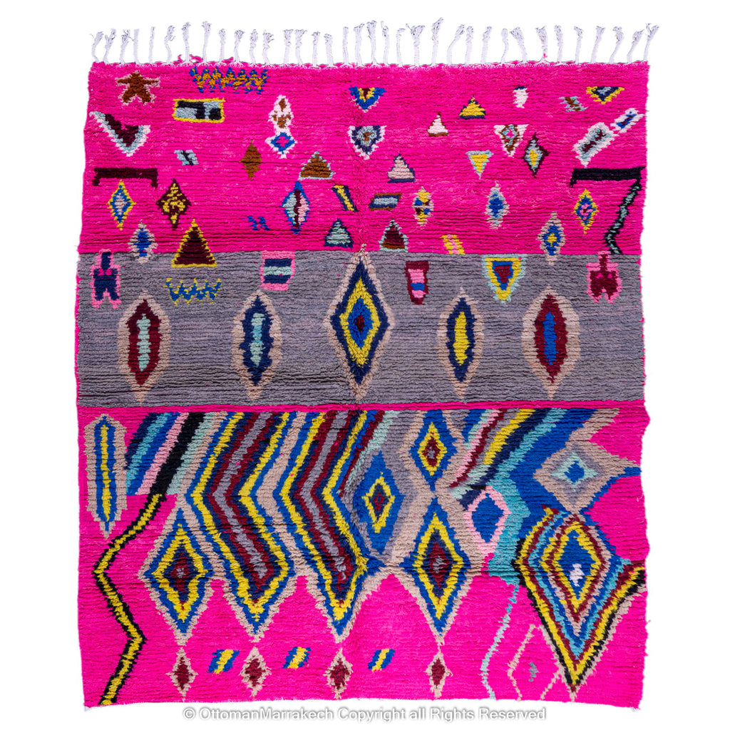 Pink Berber Moroccan Wool Rug with Bold Diamond and Chevron Patterns