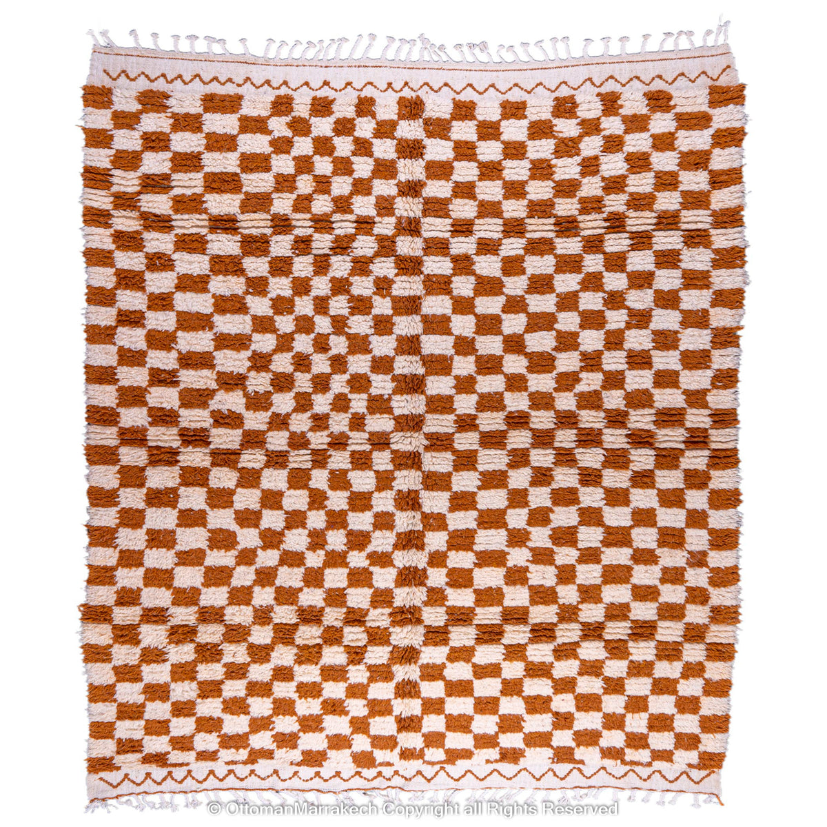 Brown and White Checkerboard Moroccan Rug - Handwoven Plush Design