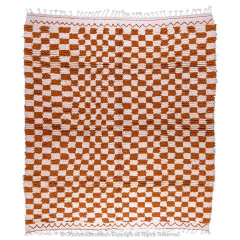 Brown and White Checkerboard Moroccan Rug - Handwoven Plush Design