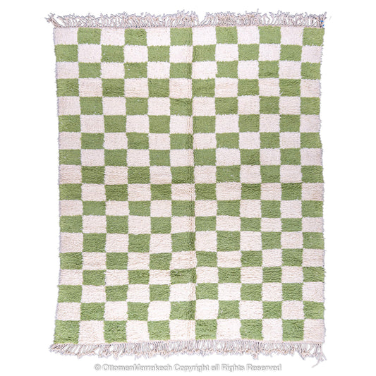 Green and White Checkered Moroccan Rug – Plush and Handmade