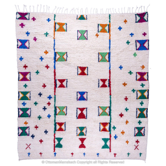 Traditional White Moroccan Rug with Colorful Geometric Symbols