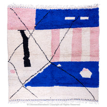 Load image into Gallery viewer, Moroccan Navy Blossom Rug – Abstract Area White Rug with Navy Blue, Pink Shapes &amp; Black Lines