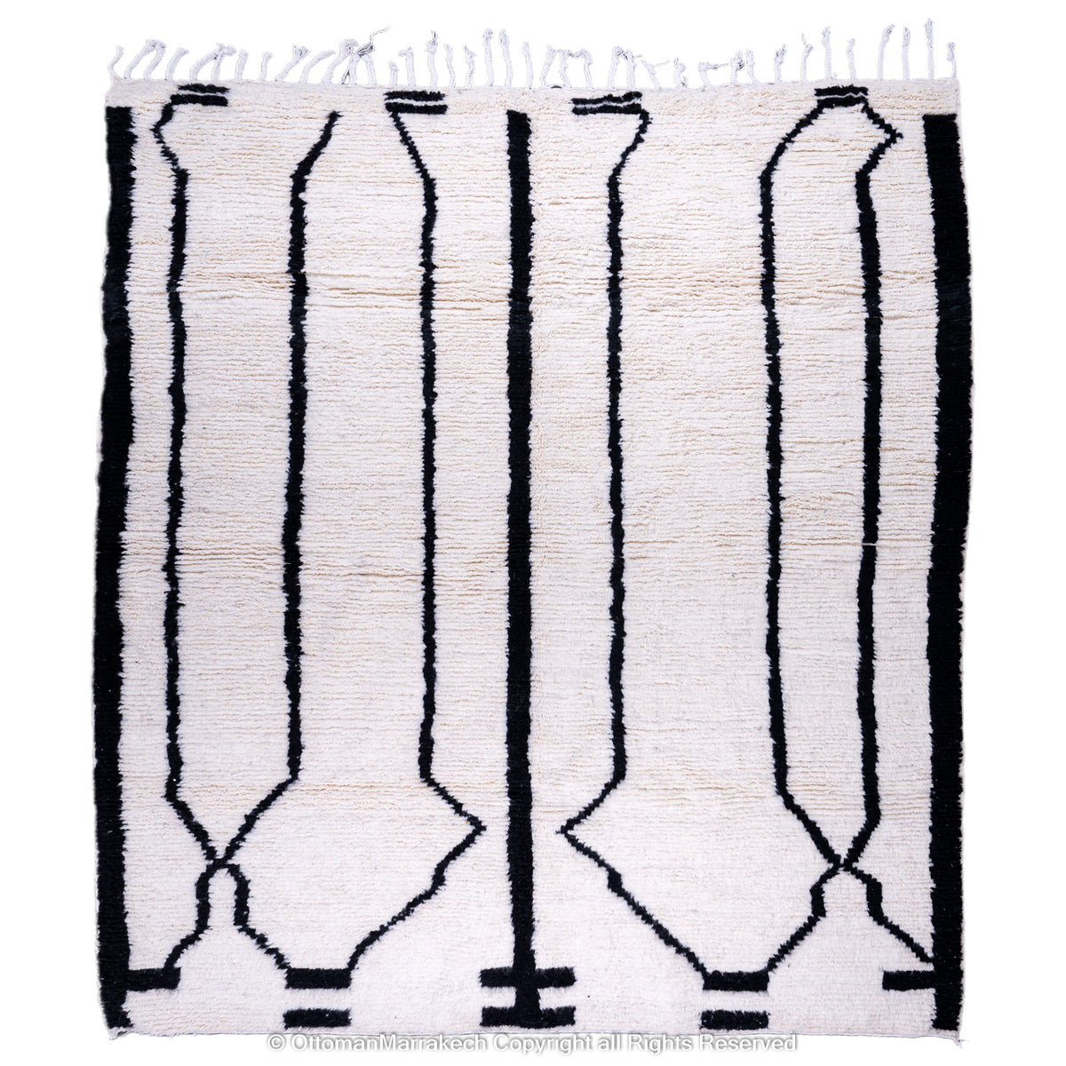 Symmetrical Black and White Berber Rug with Reversed Shapes