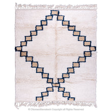 Load image into Gallery viewer, Moroccan Cashmere Gem Rug – Beige Rug with Sapphire-Lined Cashmere Squares in Diamond Pattern