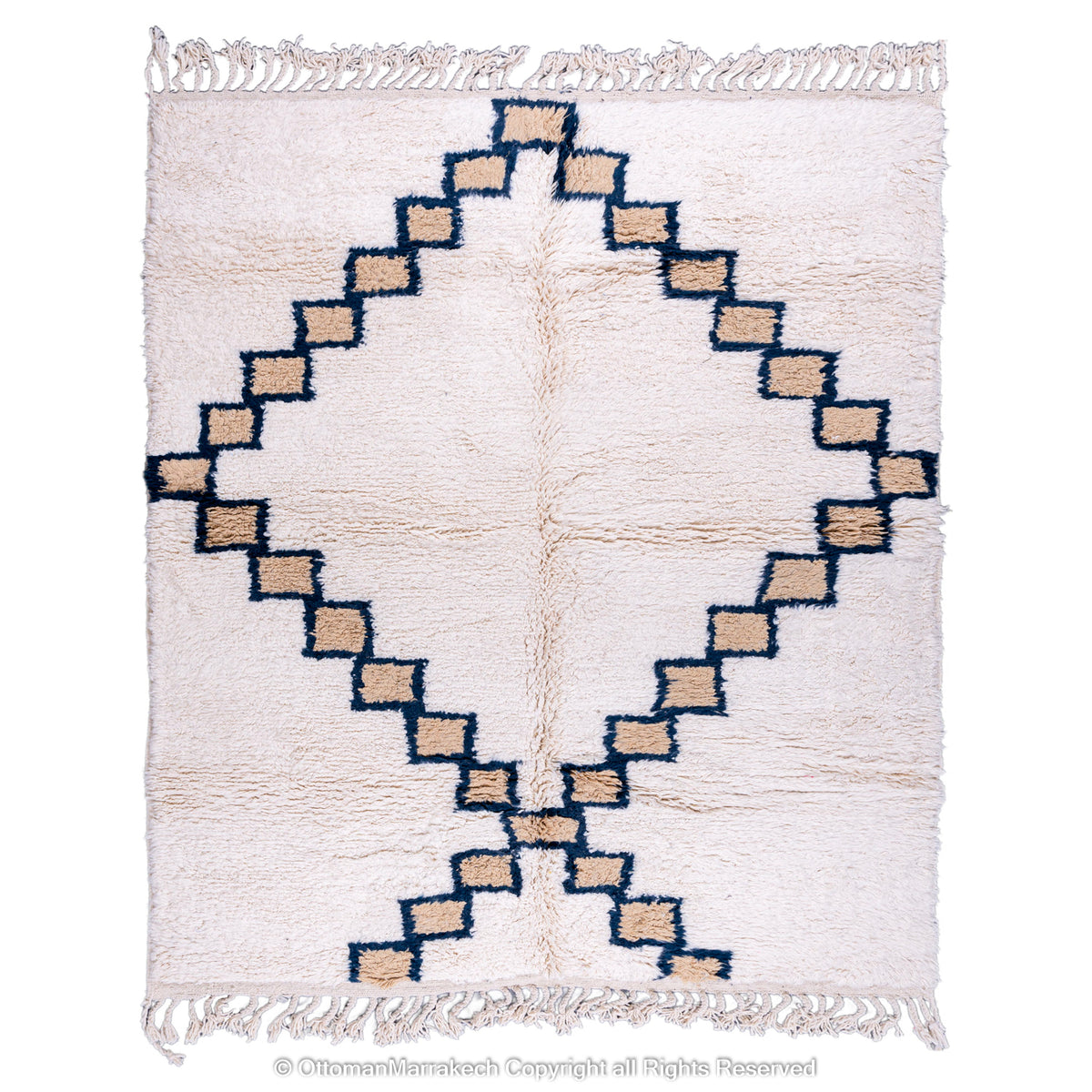 Moroccan Cashmere Gem Rug – Beige Rug with Sapphire-Lined Cashmere Squares in Diamond Pattern